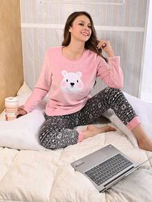 Conjunto de pijama calientita con bordado de osito - Rosa coral - Ver 4