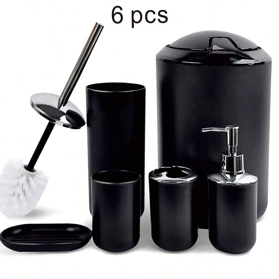 6 pcs Bathroom Accessories Set Bath Ensemble Includes Soap Dispenser, Toothbrush Holder, Toothbrush Cup, Soap Dish for Decorative Countertop and Housewarming Gift, Black - 黑色 - 查看 1