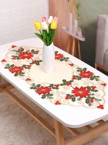 1入組聖誕節花卉桌墊,米色聚酯緞面料,帶尖角邊,針織、水溶花邊和刺繡,適用於聖誕節和日常使用 - 米色 - 查看 1