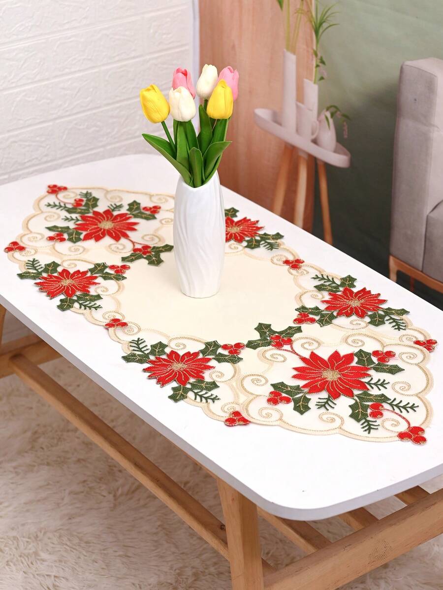 1入組聖誕節花卉桌墊,米色聚酯緞面料,帶尖角邊,針織、水溶花邊和刺繡,適用於聖誕節和日常使用 - 米色 - 查看 1