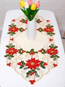 1入組聖誕節花卉桌墊,米色聚酯緞面料,帶尖角邊,針織、水溶花邊和刺繡,適用於聖誕節和日常使用 - 米色 - 查看 4