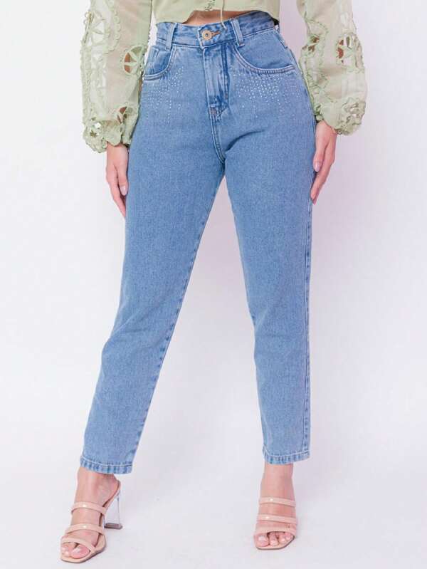 Calça jeans feminina com strass