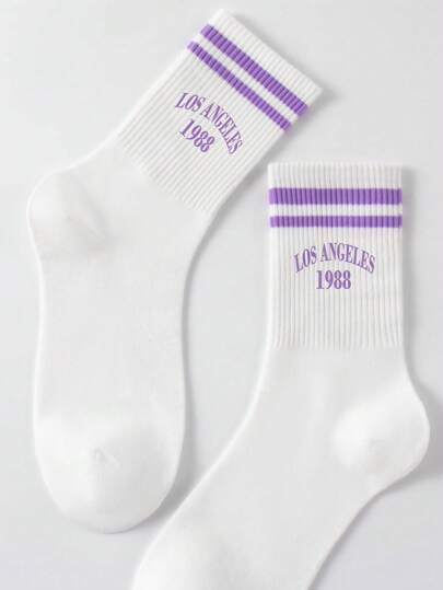 1双女士紫色双条纹中筒袜，洛杉矶字母图案，防臭，吸汗，休闲纯色圆领袜，适合日常生活和跑步，秋季