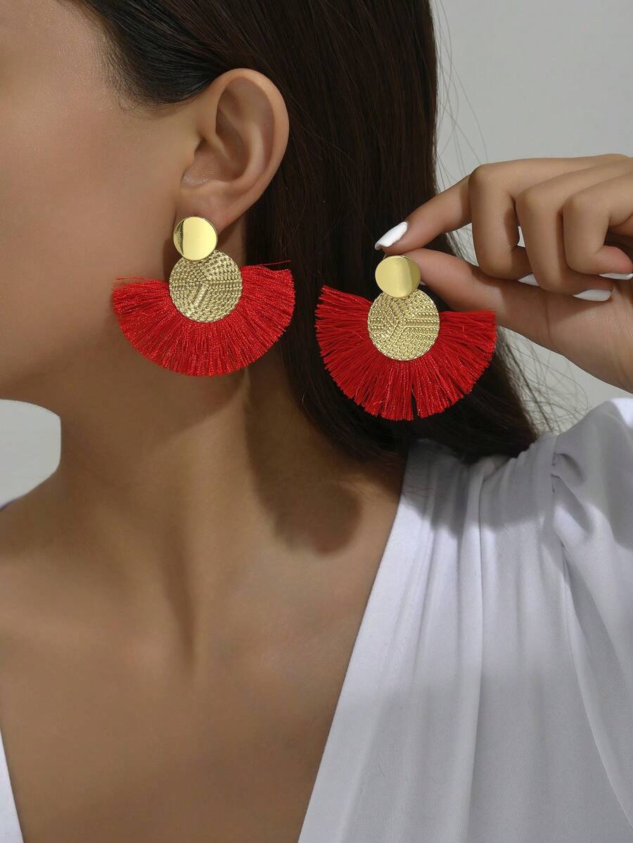 1pair Metallic Tassel Earrings Suitable For Daily Wear - Red - View 1
