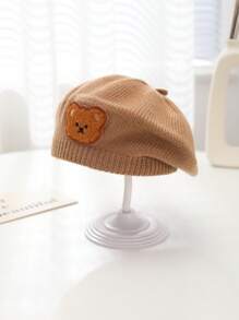 1件冬季中性嬰兒熊毛織貝雷帽,溫暖卡通可愛的針織帽 - 卡其色 - 查看 1