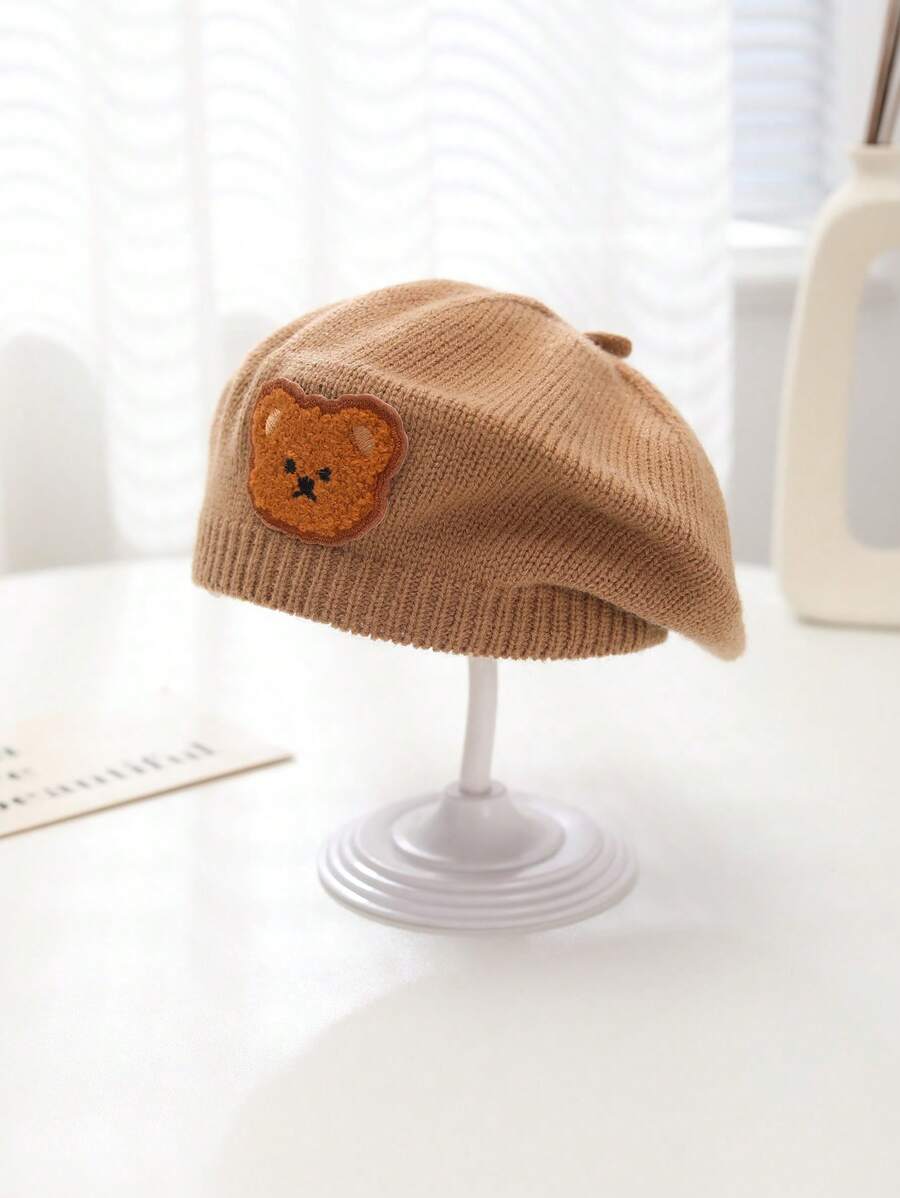 1件冬季中性嬰兒熊毛織貝雷帽,溫暖卡通可愛的針織帽 - 卡其色 - 查看 1