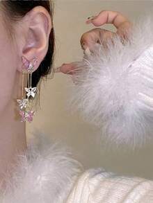 2入組/套浪漫優雅金屬蝴蝶設計長流蘇耳環,適用於女士派對 - 粉色 - 查看 2