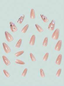 增添浪漫氣息的24支中長款杏仁美甲，配有透明冰沙、閃爍亮粉雕花的法式金色亮片條紋和鑽石，附帶1支果凍凝膠和一塊指甲擦海綿，全覆蓋式美甲套裝，非常適合派對、舞會、日常穿著。貼式美甲美容用品 - 彩色 - 查看 3