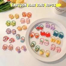 一組40個女孩可愛水果動物冰淇淋花朵蝴蝶結彩色髮帶多色壓克力可愛風格卡通髮圈女嬰日常使用(袋裝) - 彩色 - 查看 2