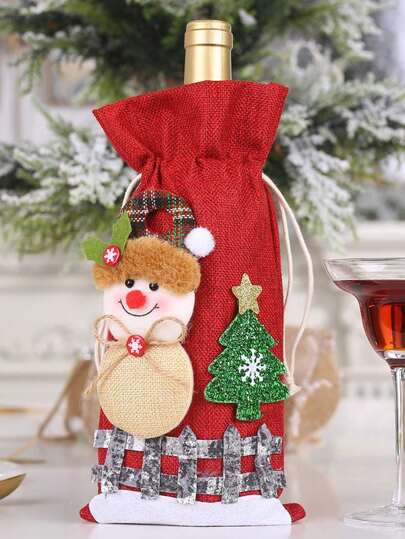 1pc New Christmas Decoration Cartoon Snowman Burlap Drawstring Wine Bottle Cover Plaid Doll Gift Bag For Party