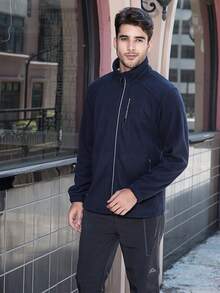 男士立領刺繡防風保暖外套,適用於遠足戶外健身服裝 - 藏蓝色 - 查看 3