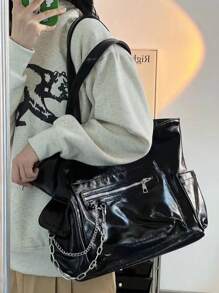 New Fashion Faux Patent Leather Large Capacity Tote Bag, Shoulder Bag, For Work And Commute - Black - View 5