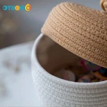 Oyhomo 1入組帶蓋編織繩收納籃,極簡風格裝飾收納籃,適用於幼兒房,臥室,浴室,卡其&白色