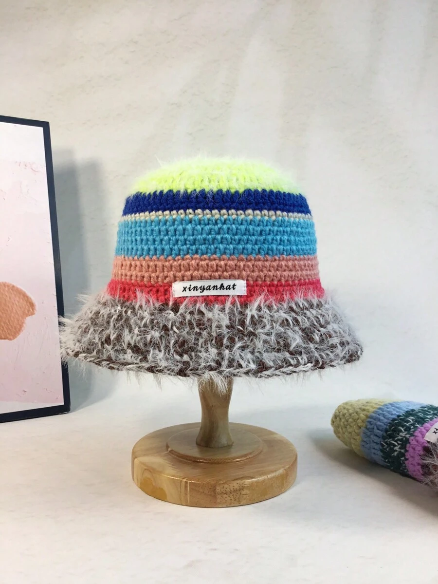 1頂女性彩色條紋手編厚毛線帽,柔軟舒適,秋冬季節完美配件,針織漁夫帽有助於顯示小臉和保護耳朵,散發優雅的韓國風格,復古的顏色碰撞,甜美可愛,簡單清新的盆帽,一氧化氮的優雅戶外,日常旅行,冬季運動,購物和約會 - 咖啡棕 - 查看 1
