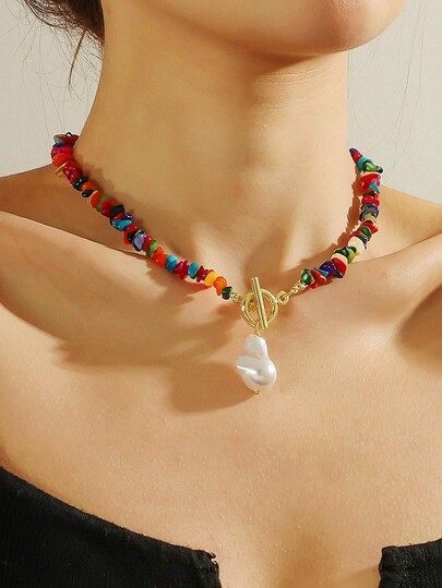 قلادة مزينة بشكل سطح البحر مزيفة بشكل لؤلؤ صيفية ملونة مع حجر الصدف، مجوهرات للسيدات