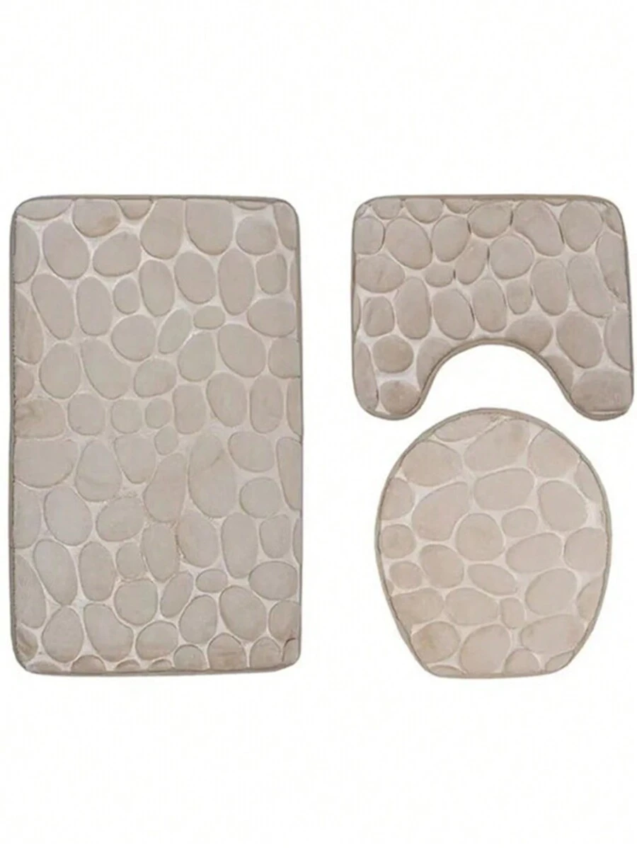 3pcs/set Pebble Designed Absorbent & Non-slip Bathroom Mat, Includes Toilet Mat, Shower Mat, And Door Mat - Camel - View 1