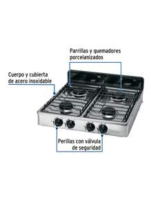 Parrilla de Gas de Sobreponer, 4 Quemadores, Inoxidable, FOSET, Parrillas de 4.6 mm de Diámetro y Quemadores Porcelanizados - Gris - Ver 2