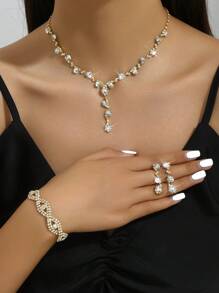 婚禮配件,歐美風格全鑲鑽四件套珠寶套裝,包括項鍊、耳環和手鍊,適用於新娘