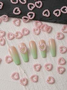 50 件/包粉色珍珠镂空心形 3D 美甲饰品 DIY 万圣节镂空五角星女可爱丝带艺术美甲配件