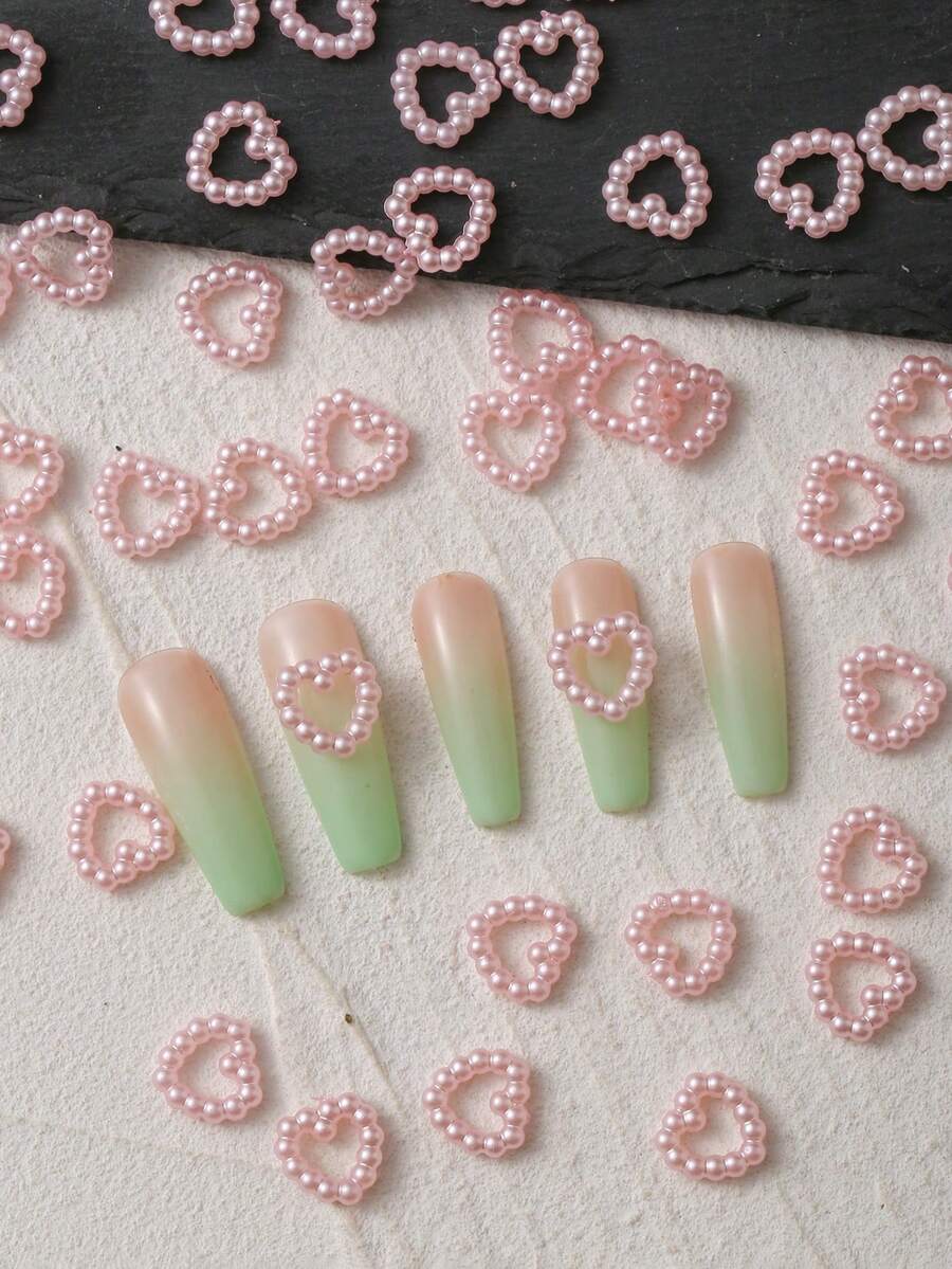 50 件/包粉色珍珠镂空心形 3D 美甲饰品 DIY 万圣节镂空五角星女可爱丝带艺术美甲配件