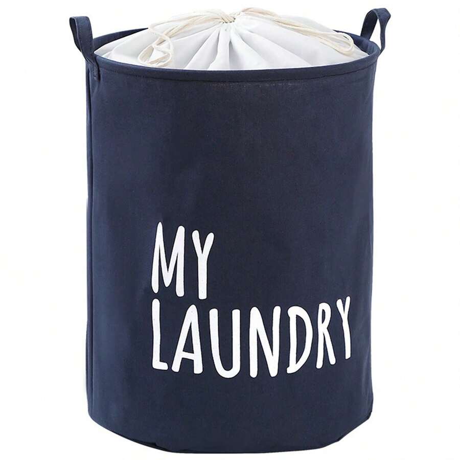 Home Use Cartoon Fabric Laundry Basket Foldable Waterproof Oxford Cloth Drawstring Clothes Hamper Storage Bin - Navy Blue - View 1