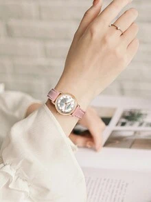 1 pieza Reloj de cuarzo unisex de estudiante LUCKYFOX, reloj de moda con correa de cuero color oro rosa, adecuado para la vida diaria, ir al trabajo, regalo diario - Rosa - Ver 2