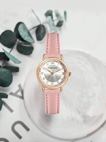 1 pieza Reloj de cuarzo unisex de estudiante LUCKYFOX, reloj de moda con correa de cuero color oro rosa, adecuado para la vida diaria, ir al trabajo, regalo diario - Rosa - Ver 3