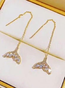 2pcs Alloy Long Chain Fish Tail Ear Threader, Suitable For Women's Daily Wear - Yellow Gold - View 3