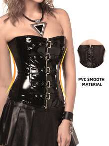 Pvc Faux Leather Corset Top - Black - View 6