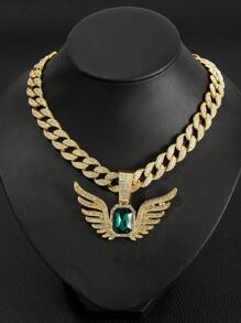 1pc Men's Rhinestone And Gemstone Decor Wing Pendant Necklace In Alloy, American Style - Dark Green - View 4