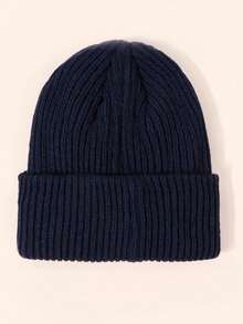 1 件男女通用皮带简约 Y2K 风格透气时尚百搭针织帽，适合秋冬日常和户外穿着 - 藏蓝色 - 查看 3