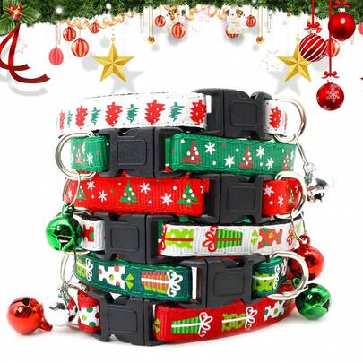 1 件尼龙圣诞印花礼物图案宠物项圈，适用于猫和小型犬，颜色随机