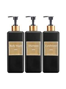 500ml/16.9oz Shampoo Pump Bottle With Gold Waterproof Label, Suitable For Bathroom Shampoo, Conditioner, Body Wash - Black, Home Bathroom Decor, Autumn Decor, Back To School Decor - Black - View 2