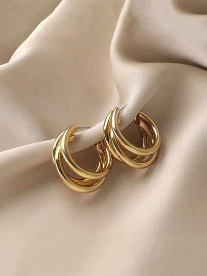 1 对复古三圈金色环状耳环优雅休闲万圣节