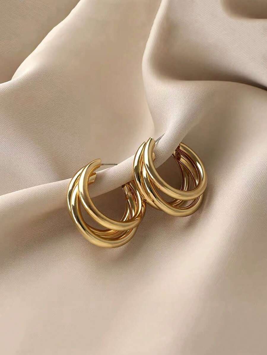 1 对复古三圈金色环状耳环优雅休闲万圣节 - 金色 - 查看 1