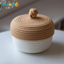 Oyhomo 1入組帶蓋編織繩收納籃,極簡風格裝飾收納籃,適用於幼兒房,臥室,浴室,卡其&白色