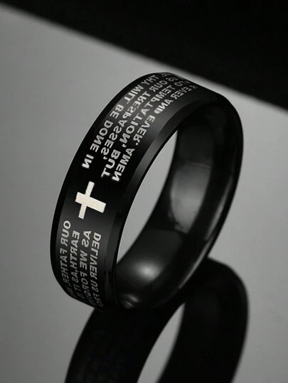 Jovem E Elegante  Anéis Inoxidável Cor Preta Jesus Cruz Anel Carta Bíblia Oração Dedo Anéis Para Homens 8mm Amuleto Jóias