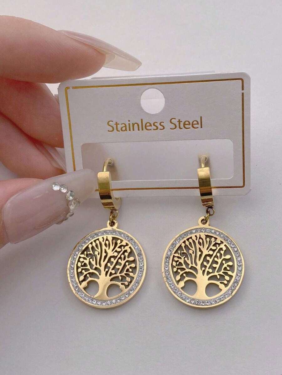 1 对时尚简约不锈钢水钻生命之树吊坠耳环，适合女士魅力潮流派对珠宝礼物