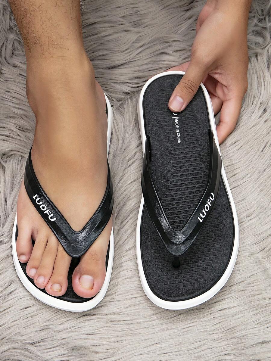 男款耐用、舒適、防滑擦拖鞋,平底鞋底,時尚設計沙灘涼鞋 - 白色 - 查看 1