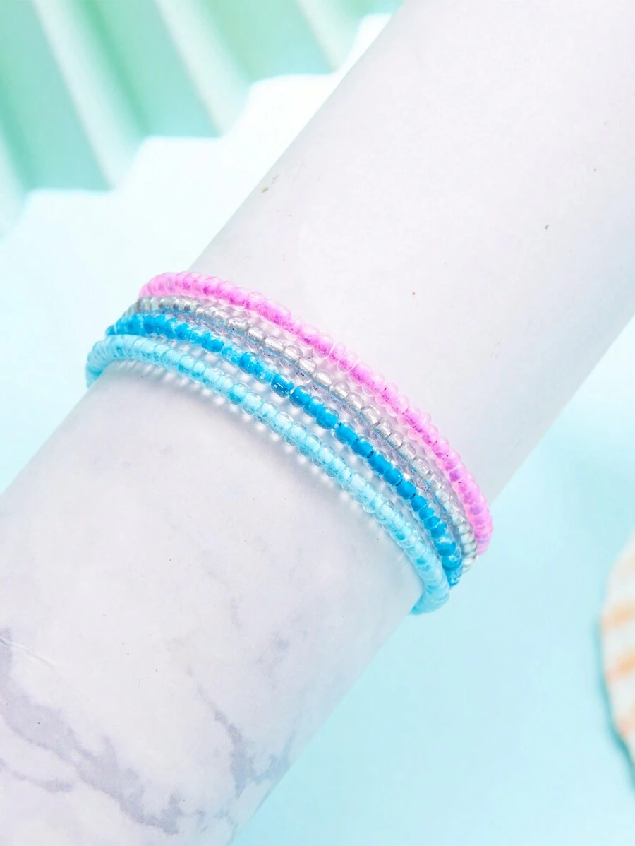 4 piezas/set Pulsera tobillera elástico playa vacación estilo de colores arroz rosario - Multicolor - Ver 1