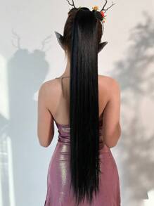32-Inch Black Straight Ponytail Hair Extensions, Heat-Resistant Synthetic Fiber, Suitable For Girls And Women For Daily Use - Black - View 7