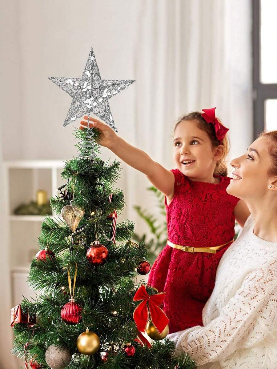 1 件閃閃發光的玫瑰金五角星/空心鐵樹禮帽適合聖誕派對裝飾、聖誕樹頂部裝飾、星形鐵藝裝飾、帶閃光的式星形禮帽聖誕裝飾 - 銀色 - 查看 1