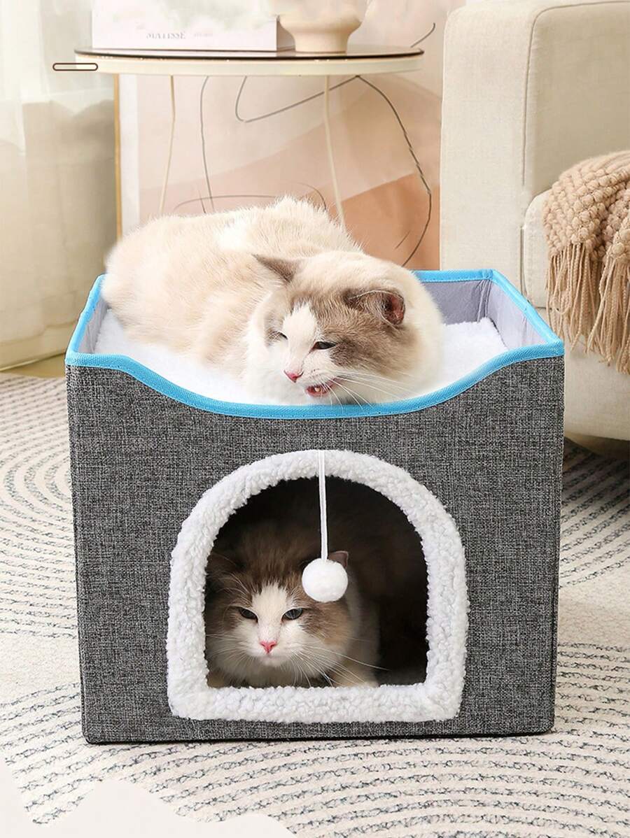 1pc Warm And Foldable Cat Bed With Detachable Plush Ball And Mat, Suitable For Small And Medium-sized Cats To Sleep In All Seasons - Grey - View 1