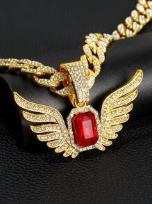 1pc Men's Rhinestone And Gemstone Decor Wing Pendant Necklace In Alloy, American Style - Dark Green - View 8