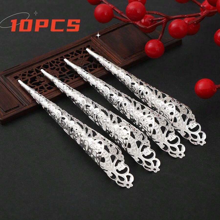 10入組銀色指甲尖爪戒指,古代女王服飾指尖爪甲戒指裝飾配件,可用作萬聖節cosplay戲劇舞蹈表演的手指關節保護器