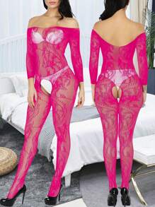 1 件女式黑色透明网眼撞色开裆连体袜、长袖镂空渔网连体裤、性感内衣套装 - 玫紅色 - 查看 1