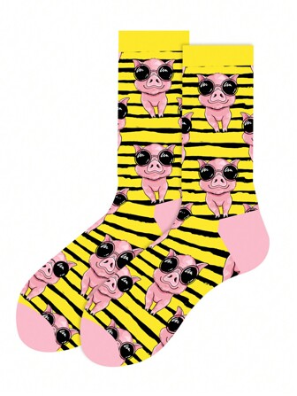 1pair Women's Cartoon Eyes Pig Pattern Personalized Mid-Calf Socks, Fall