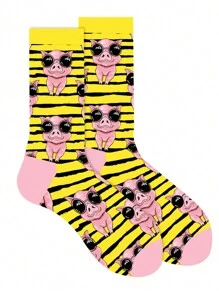 1pair Women's Cartoon Eyes Pig Pattern Personalized Mid-Calf Socks, Fall - Multicolor - View 2