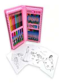 Kit pintura 24 peças Estojo Maleta Pintura Infantil Canetinhas Giz Lápis Cores e Tamanhos Variados + Desenhos Para Colorir Presente infantil - Rosa chiclete - Visão 2