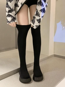 Over-The-Knee Stretchy Sock Boots For Women With Wedge Heel & Chunky Sole, Slimming Thigh High Boots, Boots For Autumn & Winter - Black - View 3